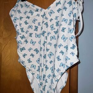 White Swimsuit with Blue Butterflies